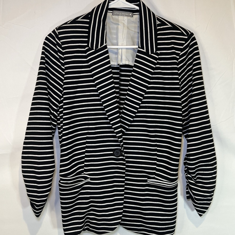 Olivia Moon Size S Black White Striped Open Front Knit Blazer Jacket 3/4 Sleeve